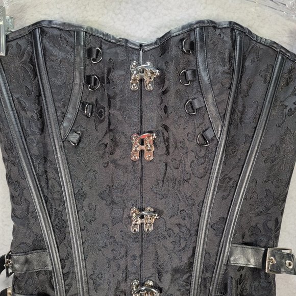 Black Floral Satin Gothic Strapless Steampunk Buckle Lace Up Sexy Bustier Corset - Picture 4 of 15